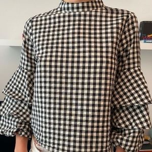 Plaid High Neck and Ruffles Sleeve